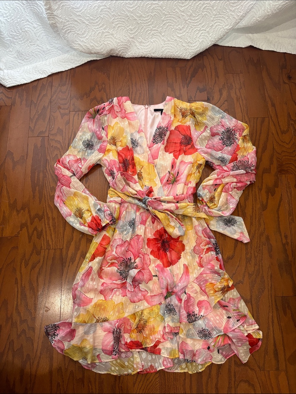 Alex Marie Pink, Yellow & Red Floral Wrap Mini Dress